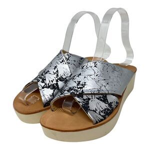 Olukai Onohi Womens Size 5 Leather Silver Wedge Platform Slide Sandals Shoes